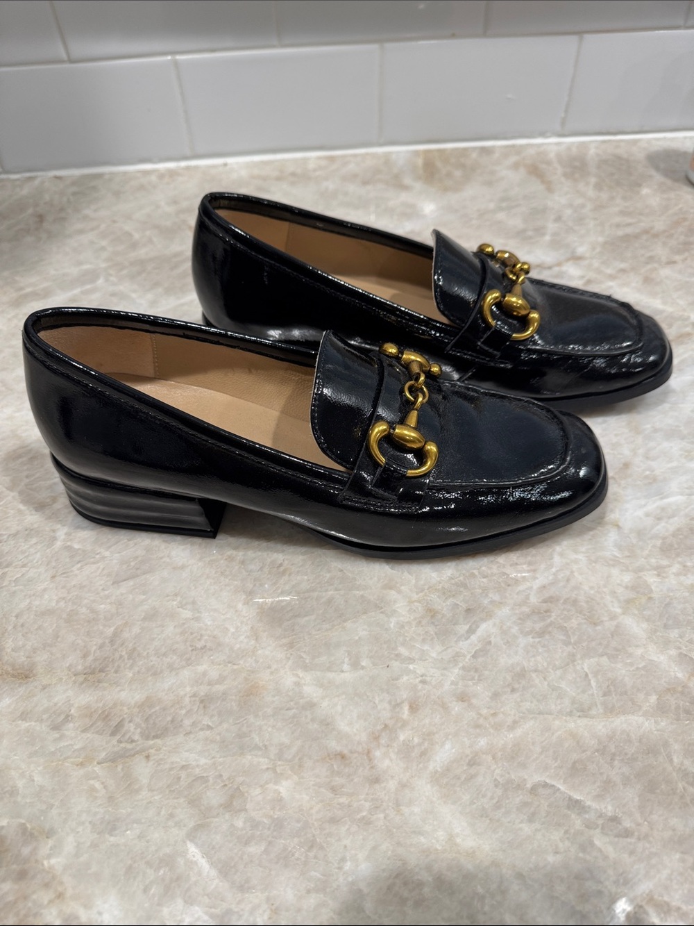 Saint G black Patent Leather Loafers with Gold Hardware